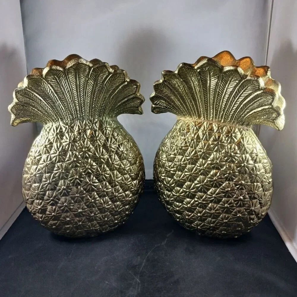 2 Artisan Pineapple Gold Color Metal Vase